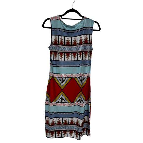 Tribal Vibrant Blue Red Aztec Sleeveless V Neck Mini Shift Dress Womens Medium - Picture 3 of 5